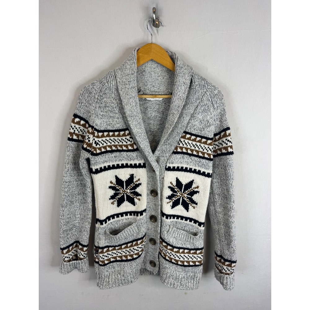 Bluenotes Women Grey Fair Isle Snowflake Shawl Collar CowichanCardigan Sweater S